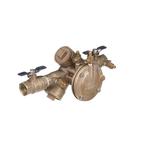 Heavy Duty One Inch Lead Free Y Pattern Rpz Assembly With Corrosion Shield Core Top Shelf No Lead Backflow Preventer showing brass body and ball valves.
