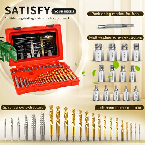 36 Piece Screw Extractor Set With Drill Bits For Removing Broken Studs Bolts And Socket Screws Includes 13 Multi-Spline Extractors 6 Spiral Extractors 16 Left-Hand Cobalt TiN HSS Drill Bits And A Center Punch Pro Grade Heavy Duty Kit displayed in red case