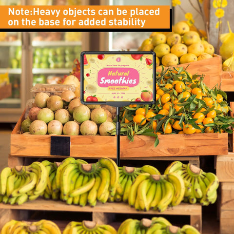 Sign Holder Stand For 8.5x11 Signs Tabletop And Floor Display Adjustable Height With Stable Base 2 Pack featuring fruit stand