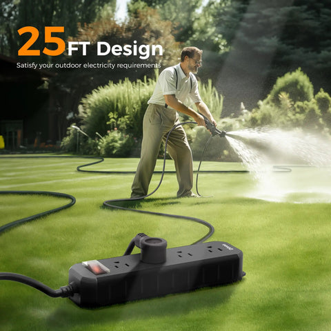 Outdoor Power Strip Weatherproof Rugged 25 Ft Extension Cord With 4 Outlets 1250W Waterproof Surge Protector shown on lawn