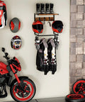 Easy Install Motorcycle Helmet Holder Wall Mount Rack With Dual Hat Stands holding helmets, jackets, and keys in a garage