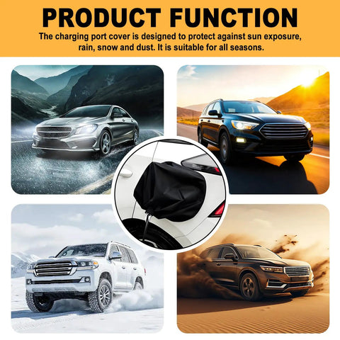 Hella Tough Universal Fit Electric Vehicle Charging Port Cover With Lock Tight Magnetic Grip in black over EV socket.