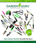 Collection of various gardening tools with green and pink accents, including trowels, shears, and gloves, arranged on a white background