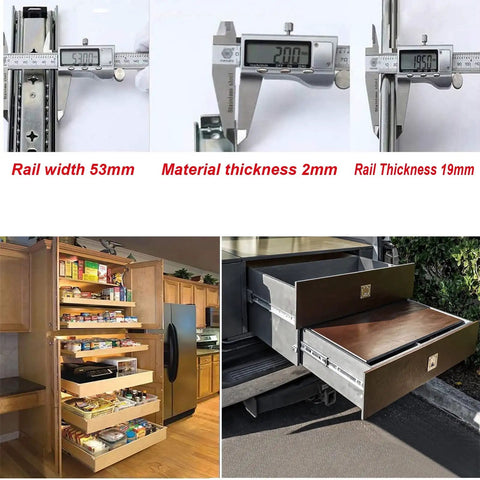Beefy Soft Close Drawer Slides Pair, 30 Inch Heavy Duty Rails, 2mm Thick Metal, 53mm Wide shown in kitchen and tool chest applications