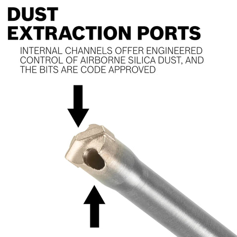 Close-up of SDS Max Speed Clean Dust Extraction Bit for vacuum connected drilling, showing dust extraction ports.