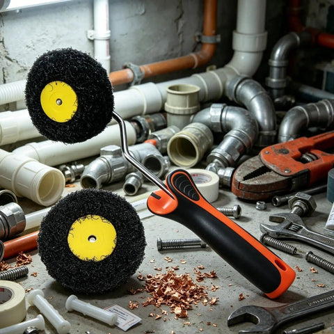 Drywall Corner Compound Roller Kit With Pumpkin Shaped Joint Head For Inside And Outside Corners Durable Nylon Bristle Pro Edger Tool placed on a workbench with tools.