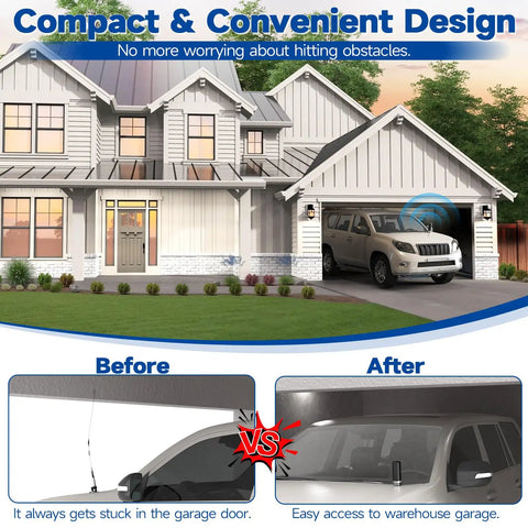 Dual Band Vehicle Ham Radio Antenna with Lip Mount on car showing before and after fitting in garage door