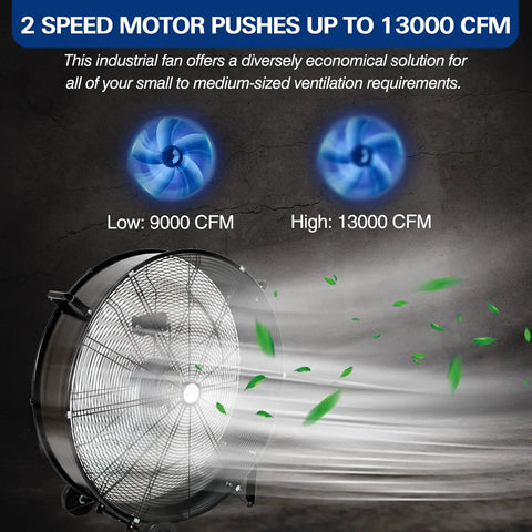 30 Inch High Velocity Drum Fan With 2 Speed Settings Delivers Up To 13000 CFM For Industrial Shops Garages And Warehouses UL Listed