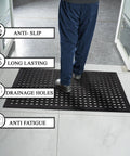 All Purpose Anti Fatigue Rubber Floor Mat With Drain Holes For Workplaces Kitchens And Bars Rugged Heavy Duty Non Slip 24 By 36 Inch Mat For Restaurant Bar Office And Industrial Use on floor with person standing on it