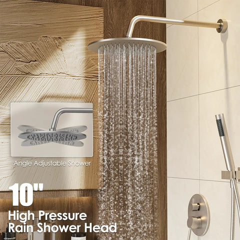 Premium Brushed Nickel Wall Mount Shower System With A Streamlined 10 Inch Rain Head And Banger High Pressure Handheld Spray For Epic Bathroom Glow Ups