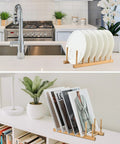 Slick Countertop Space Saver Bamboo Dish Rack And Vertical Plate Lid Organizer Holds Six Cutting Boards And Cups Books with plates and books