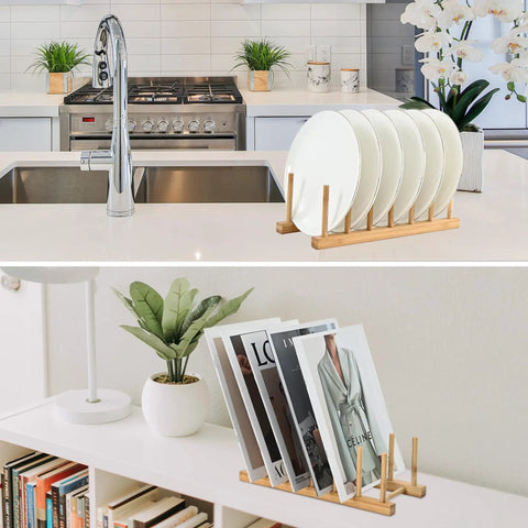 Slick Countertop Space Saver Bamboo Dish Rack And Vertical Plate Lid Organizer Holds Six Cutting Boards And Cups Books with plates and books