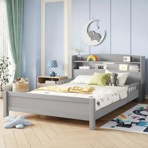 Full Pine Wood Bed With Bookcase Headboard And LED Motion Sensor Light gray finish in teen bedroom, toys and decor visible