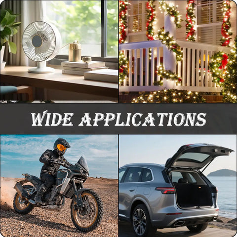 Various applications of wire splice connectors, including home appliances, outdoor decor, motorcycles, and car trunks.