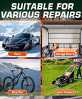 Various repair applications for lithium grease including cars, garage doors, bicycles, and lawn mowers; suitable for auto and industrial use.