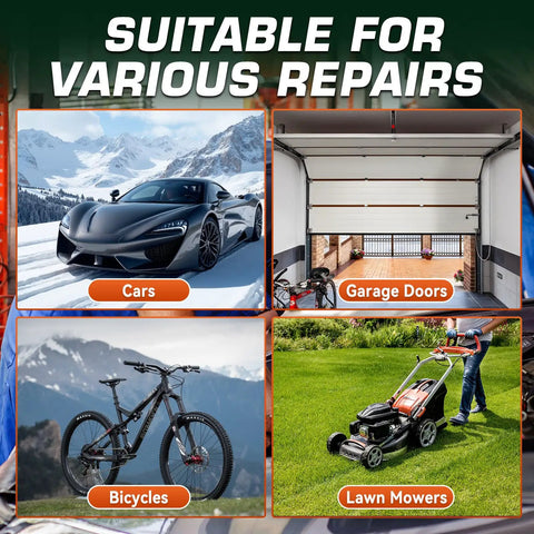 Various repair applications for lithium grease including cars, garage doors, bicycles, and lawn mowers; suitable for auto and industrial use.