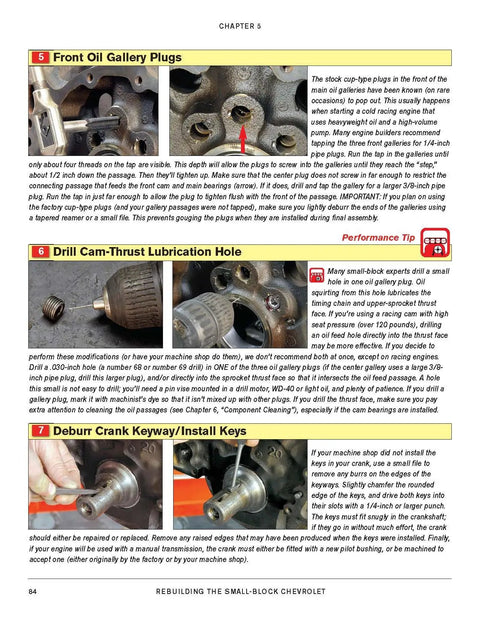 Chevrolet Small Block Engine Rebuild Guide From Stock To High Performance For DIY Car Enthusiasts With Hands On Workbench Tips And Illustrated Step By Step book page showing oil gallery plugs, cam hole, and crank keyway repairs