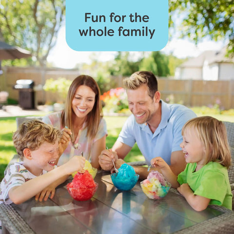 Family enjoying colorful snow cones made with the Next Level Electric Shaved Ice And Snow Cone Maker, Hella Smooth Slushie Machine.