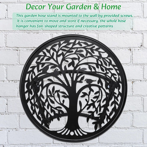 Heavy Duty Outdoor Garden Hose Reel and Wall Mount Holder With Tree of Life Metal Design against brick wall
