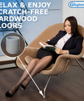 Woman in chair with Gluposti cap, Gray 7/8 Inch Folding Chair Leg Caps 12 Pack Built Tough Heavy Duty Nylon Non Marring protect floor