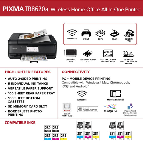 PIXMA TR8620a All In One Printer For Home Office With Copy, Scan, Fax, Auto Document Feeder, Wireless, Black
