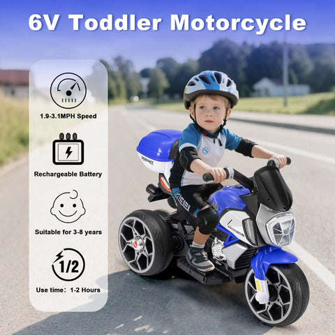 6V Kids Electric Three-Wheel Ride-On Motorcycle For Ages 3-8, blue battery-powered toy bike with child rider