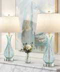 Coastal Glass Table Lamps Set Of 2 For Living Room And Bedroom 25.5 Inch Blue Glass Lamps With White Fabric Shades Modern Nightstand Lighting For Chill Seaside Mood