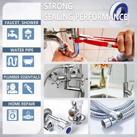 Heavy Duty PTFE Plumbers Tape For Sealing Threads On Water Pipes And Shower Heads One Roll Thick High Density 1/2 Inch Wide By 520 Inches Long Premium Thread Sealant To Prevent Leaks And Improve Plumbing Performance shown with plumbing tools and fittings.