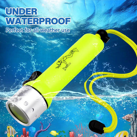 4 Pack 1000 Lumen T6 LED Diving Flashlights With Lanyards Waterproof Underwater Torch For Snorkeling And Scuba Submersible Light For Night Dives And Outdoor Water Sports Green, showing single flashlight with underwater scene.