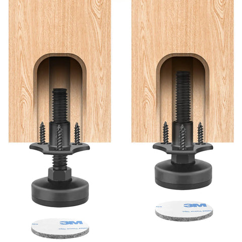 Adjustable Furniture Leveling Feet Heavy Duty Levelers For Cabinets Tables Chairs Sofas And Couches Large Base 4 Pack Supports Up To 1320 Lbs With T Nut Kit 3 8 16 Thread Black Easy Install shown installed on wood furniture
