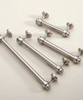 Silver metal cabinet handles displayed in various sizes on a light background
