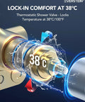 Thermostatic Shower Valve demonstrating lock-in comfort at 38°C with flowing water, for Game Changing Bathroom Shower System With 28 Inch Led Waterfall Head 64 Color Mood Lighting Bluetooth Speaker Dual Massage Sprays Brushed Nickel Ceiling Mount Setup For Sick Relaxing Vibes At Home.