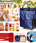 Navy Medium Reusable Grocery Bag On Wheels With 70L Foldable Rolling Tote Carries Up To 66 Lbs, Zipper Closure Shopping Cart next to picnic.