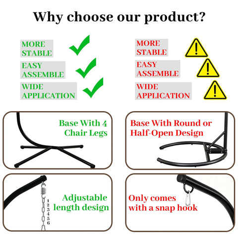 Comparison of heavy duty steel hammock stand with universal fit, stability, and easy setup features for indoor outdoor use.