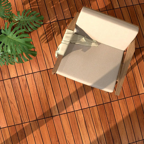 Chair on Interlocking Acacia Wood Deck Tiles Pack Of 10 12x12 Inches Waterproof All Weather Outdoor Patio Flooring