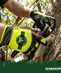 Close-up of Hi Vis Rope Climbing Gloves For Arborist Work With Anti Slip Grip holding chainsaw, illustrating use in tree climbing.