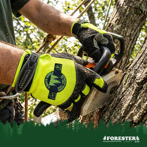 Close-up of Hi Vis Rope Climbing Gloves For Arborist Work With Anti Slip Grip holding chainsaw, illustrating use in tree climbing.
