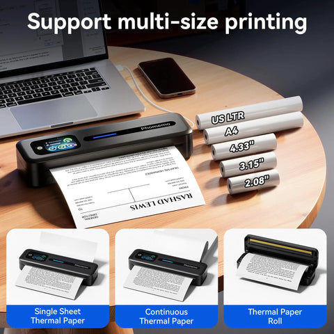 Upgraded Portable Wireless Printer With Touchscreen, Bluetooth Thermal Inkless M832D on desk with US Letter and A4 papers.