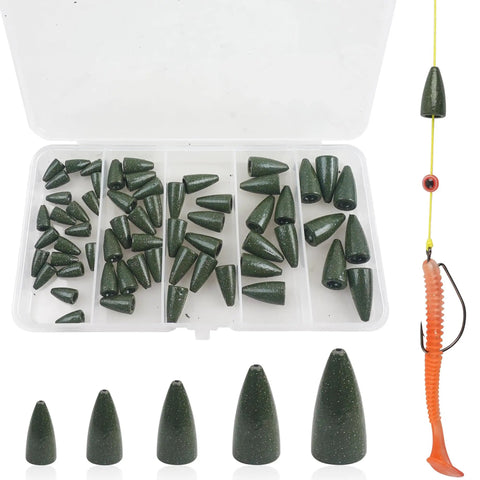 Assorted Lead Slip Weights 60-Piece Grab-And-Go Box Kit For Bass Fishing With Sliding Sinkers, shown with rig setup