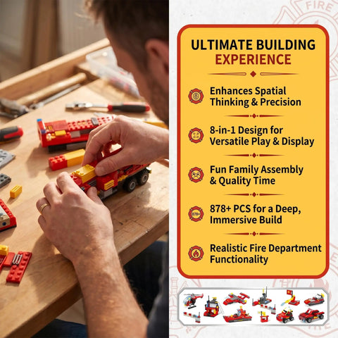 8 In 1 Fire Rescue Building Set Kit With Fire Station Large Fire Engine Fire Boat Rescue Helicopter Fire Plane And Emergency Vehicle Buildable Models For Grown Ups Collectible Construction Gift, 878+ pcs