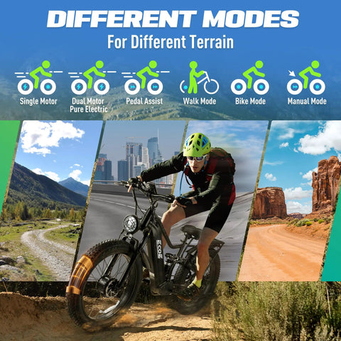 Powerful Dual Motor 9000W Fat Tire Electric Bike For Adults, Off Road Beast With 52 MPH Top Speed, 26x4 Fat Tires, Full Suspension, SHM 7 Speed Gear, 60V Battery, All Terrain E Bike For Epic Rides, shown in multi-mode terrain scenes