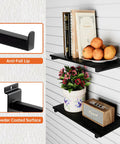 Six Shelf Wood Slatwall Shelves Kit With 12 Steel Brackets for Garage, installed with books and decor on slat wall