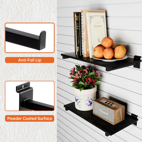 Six Shelf Wood Slatwall Shelves Kit With 12 Steel Brackets for Garage, installed with books and decor on slat wall