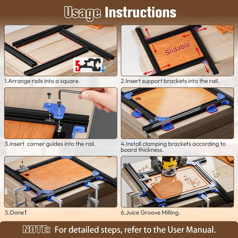 Router Jig For Cutting Boards, Adjustable Guide Fits Up To 18x18 Inches, Corner Guides For Perfect Square Round Or Triangle Handle Grooves, Easy Slide Design, One Pass Mirror Smooth Finish, Black, DIYers Dream shown in usage instructions with assembly steps.