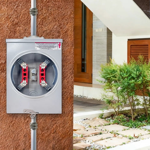 Heavy Duty 125 Amp Meter Socket 4 Jaw Base 600V One Phase Three Wire Ringless Gear With Horn Bypass Cover Plate Electric Meter Box mounted on exterior wall.