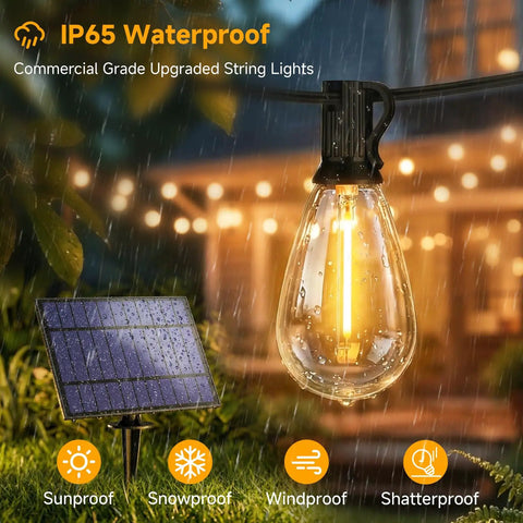 Close-up of raindrop-covered 25Ft Solar String Lights With Remote, 3 Lighting Modes, Waterproof Dimmable Patio Lights With 11 S11 LED Bulbs, Warm 2700K Glow For That Cozy Backyard Vibe, No Dark Spots, Black under heavy rain, with solar panel in background.