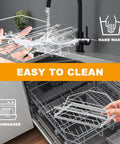 Stainless steel adjustable turkey roasting rack shown being washed by hand and in a dishwasher.
