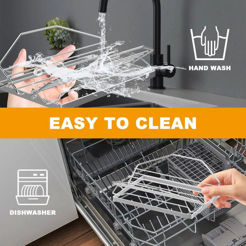Stainless steel adjustable turkey roasting rack shown being washed by hand and in a dishwasher.