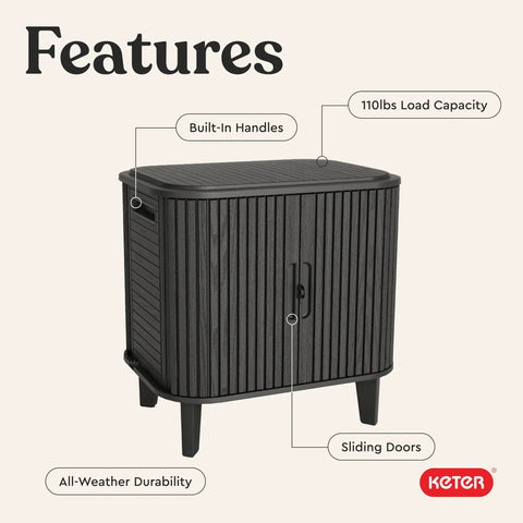 Velo 30 Gallon Outdoor Storage Cabinet With Weather Resistant Resin Construction Beefed Up Steel Reinforcement Wood Look Finish in graphite, shown with sliding doors and handles.