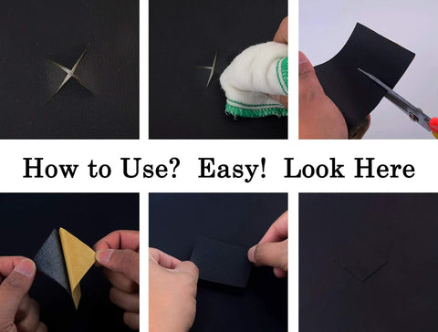 Leather Repair Patch Tape Kit DIY Two Pack 3X55 Inch Self Adhesive Refinisher in use on black leather surfaces